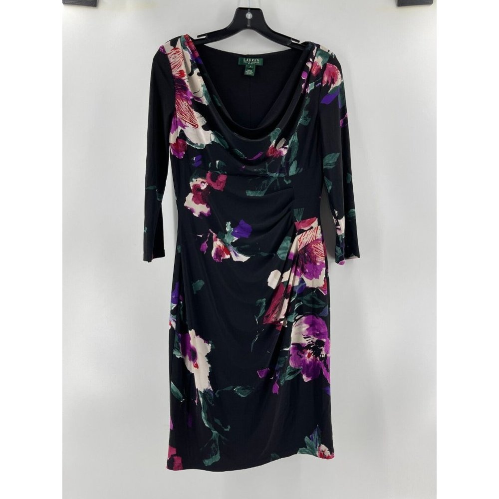 Ralph Lauren Women's Black Floral Long Sleeve Stretch Cocktail Party Dress Sz 6 - Picture 2 of 15